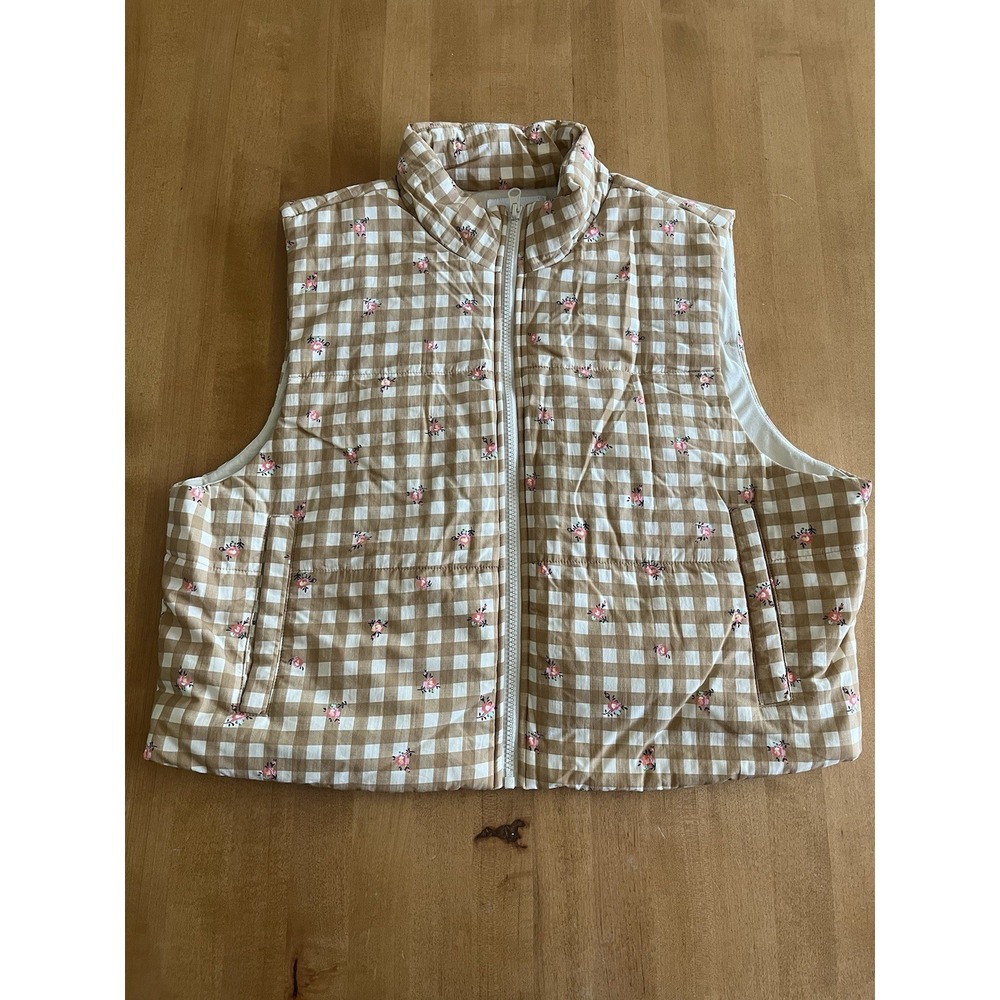 Lovefire Gingham Floral Puffer Vest Tan White Pink Sz XL Zip Up‎ Quilted Pockets